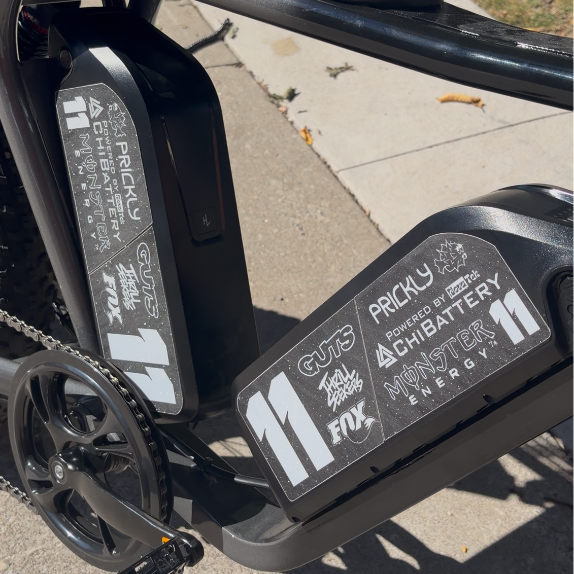 Close-up outdoor shot of a black electric bicycle frame and battery pack with visible branding including FXS and PROLUM.