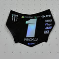 A custom motorcycle number plate skin or decal with the number 1 and sponsor logos, displayed on a white perforated sheet.