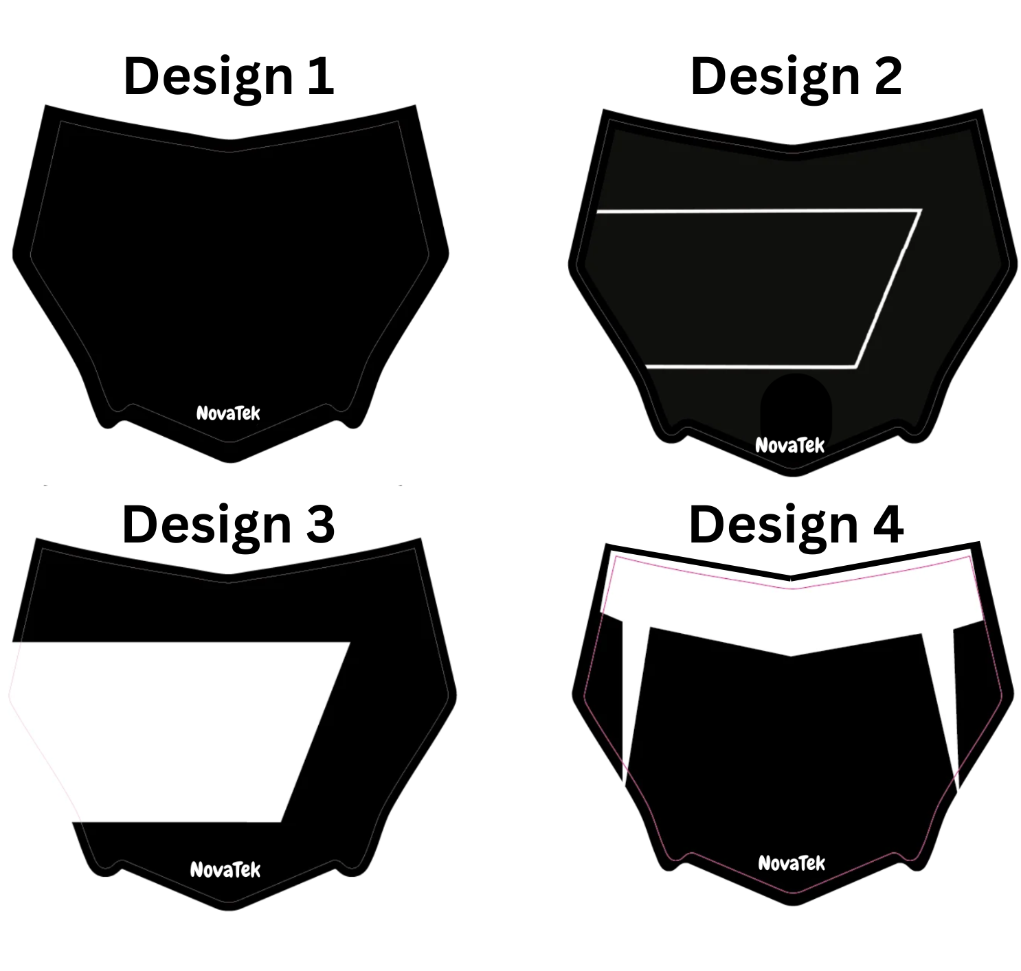 Four black brief-style pant designs labeled Design 1 through Design 4 on a white background, with small Novafit branding near the bottom of each layout.